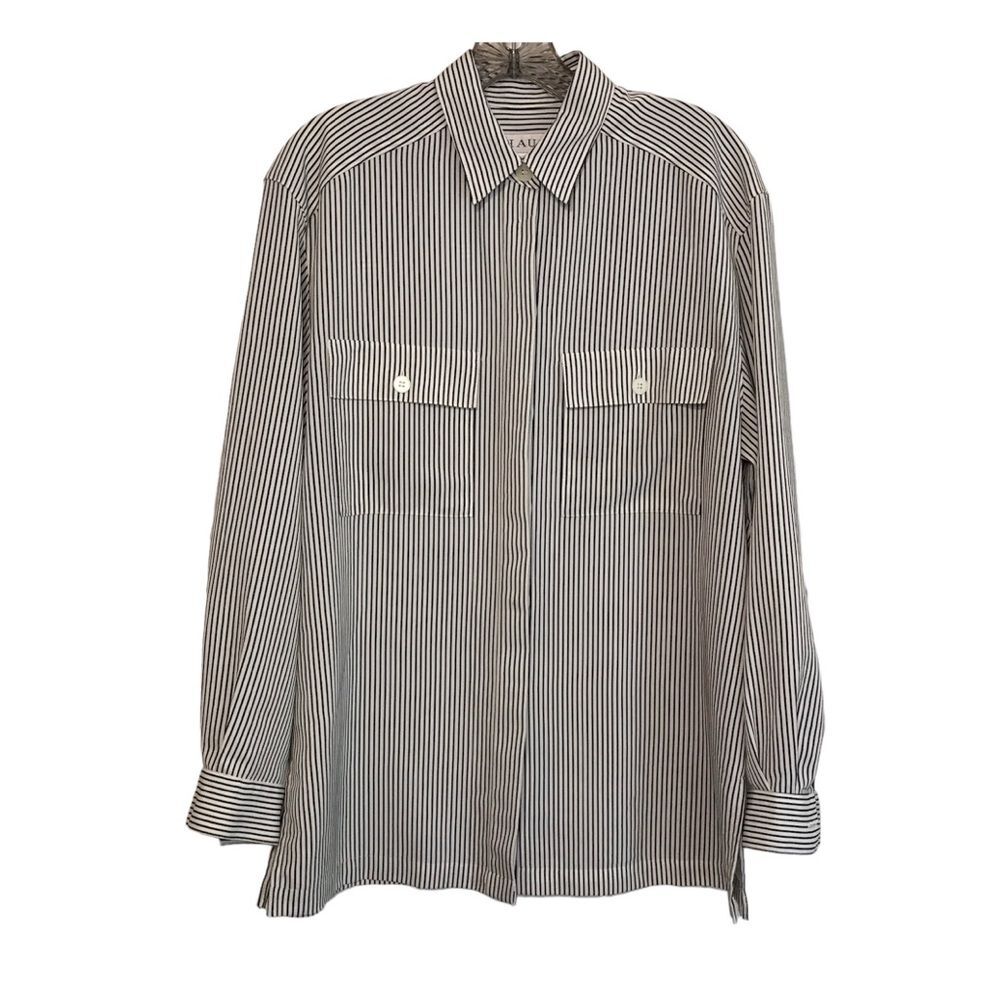 Chaus Black and White Striped Button-Up Long Sleeve Blouse